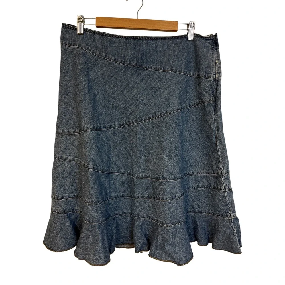 GAP Denim Skirt Sz12 Blue Ruffle Midi Y2K Boho Cowgirl Cottage Country Western